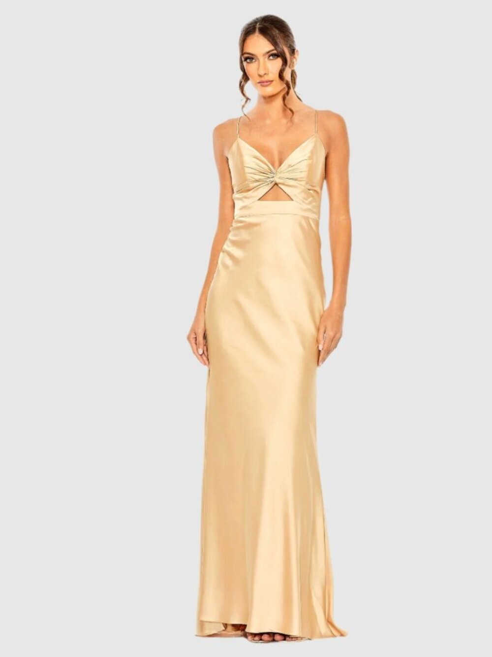 New with Tags Mac Duggal 68347 Champagne Cutout Maxi Gown Dress Sz 10 Formal